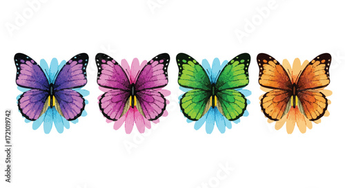 Four colorful butterflies with detailed wing patterns perched on vibrant flower blossoms, a beautiful display.
