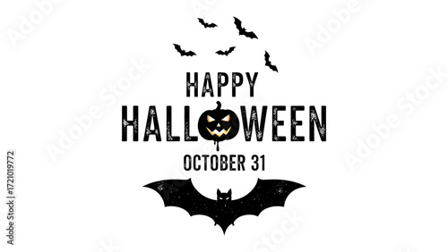 Happy Halloween Celebration: A spooky illustration celebrates Halloween, with an inviting pumpkin and flying bat silhouettes with text, perfect for holiday fun.