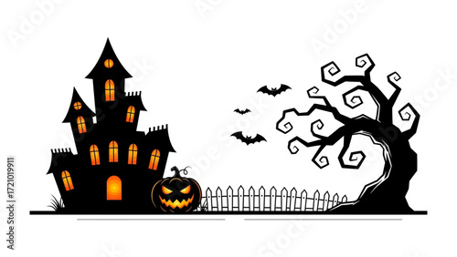 Spooky Halloween Silhouette: A captivating and festive Halloween scene featuring a haunted mansion, an ominous tree, spooky bats, and a carved pumpkin. This evokes the eerie atmosphere.