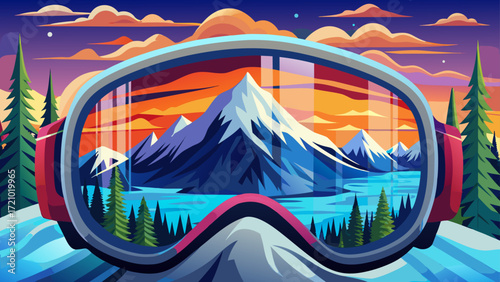 Mountain landscape scene reflected inside a pair of ski goggles