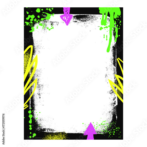 Grunge black frame template with arrow and aerosol paint. Graffiti spray art layout background. Border with airbrush lines. Ink decor for photo. Retro texture poster. Vector hip hop wall cadre.