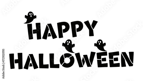 Happy Halloween: Spooky text with cute ghost illustrations on an atmospheric image, perfect for your Halloween campaign, evoking festive feelings of celebration.