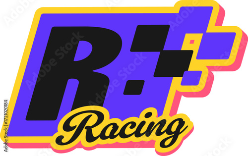 Formula 1 speed race championship Y2K retro sticker or tag. Drag race championship Y2K vector label, rally competition funky tag. Formula 1 motorsport sticker with colorful handwritten typography