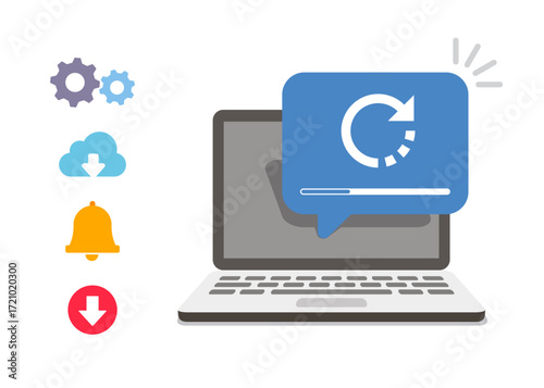 Laptop computer with software update screen, System maintenance, update process, operating system update, software installation, operating system. stock illustration