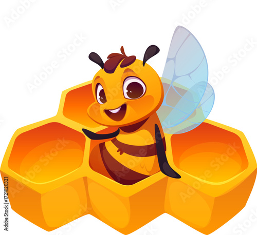 Cartoon cute honey bee character sitting in hexagonal honeycombs. Vector cute apiary insect personage with smiling face and transparent wings, surrounded by yellow honey cells. Funny beekeeping mascot