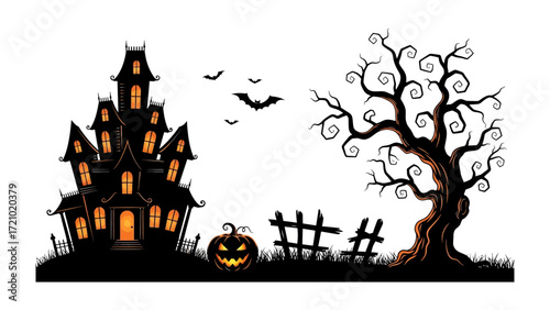 Spooky Halloween Night: A creepy, eerie haunted house with a carved pumpkin and dead tree create a chilling, festive autumn night.