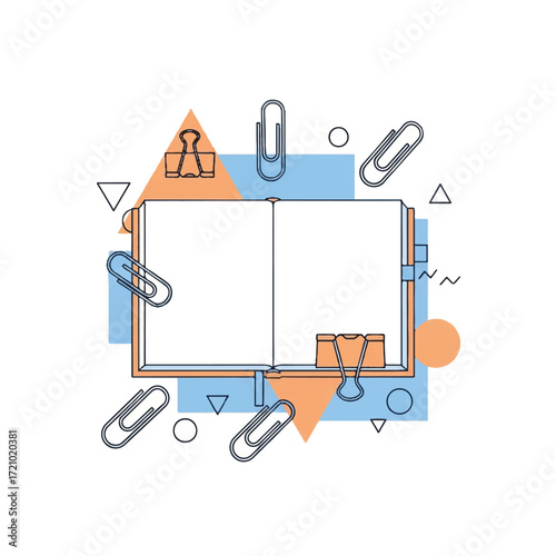Flat lay of a blank notebook surrounded by colorful shapes, paper clips, and office supplies on a white background with a modern and creative mood.