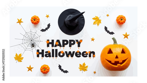 Spooky Halloween Delight: An eye-level shot features a festive Halloween scene arranged with an array of thematic elements, including smiling pumpkins, and spider web.