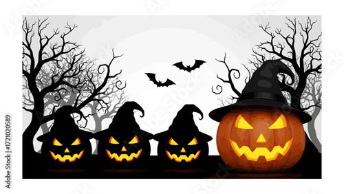 Spooky Halloween Silhouette: Spooky Halloween silhouettes cast an eerie atmosphere with pumpkin head figures and bats, complemented by a night sky and a dark woodland background.