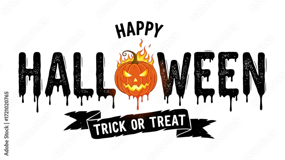 Fototapeta premium Happy Halloween Greeting: A vibrant and festive Happy Halloween greeting, featuring a carved pumpkin with fiery flames and the call to trick or treat.
