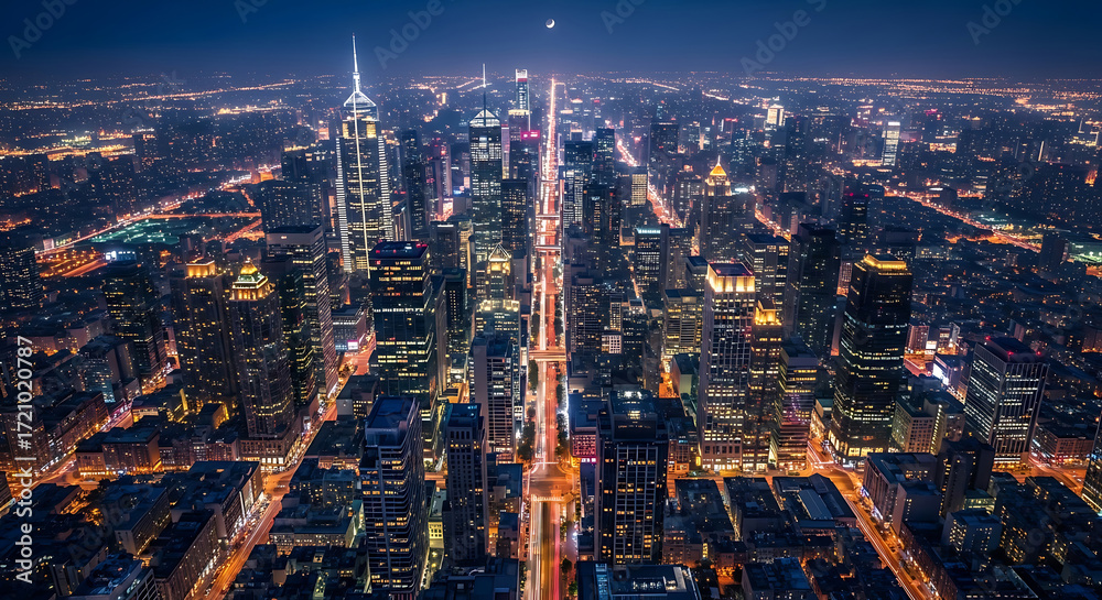 Fototapeta premium Panoramic Nighttime Aerial View Of A Sprawling City Skyline With Illuminated Skyscrapers cityscape