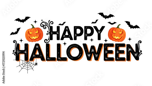 Halloween Greetings: Spooky pumpkins and bats herald the festive cheer, as Happy Halloween sparkles against the night sky. Celebrate the fun of All Hallows' Eve with a blend of festivity and fright!