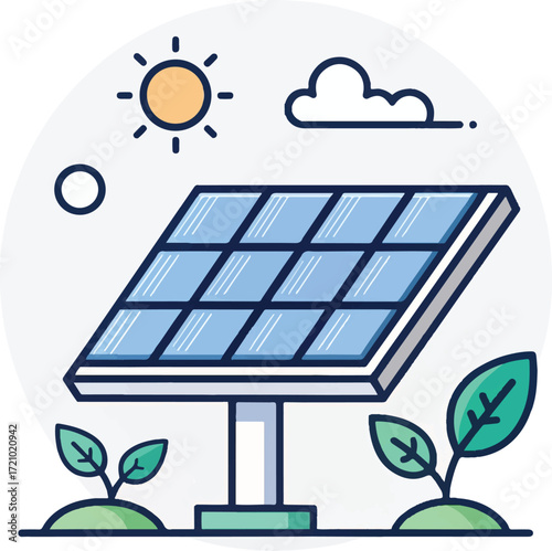 Solar Panel with Sun, Cloud and Green Leaves for Clean Renewable Energy