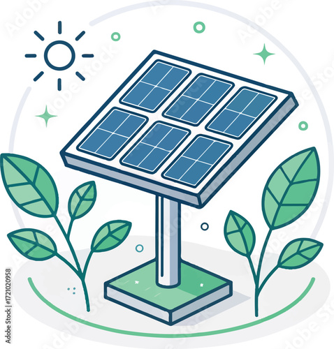 Solar Panel Illustration with Sun and Green Leaves for Renewable Energy Concept
