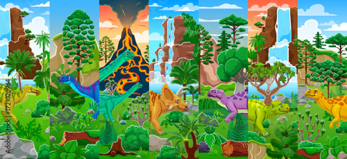 Prehistoric dinosaurs characters collage with volcano and waterfall nature landscape vector background. Cartoon jurassic dinosaur animals in prehistoric jungle forest, extinct dino reptiles characters