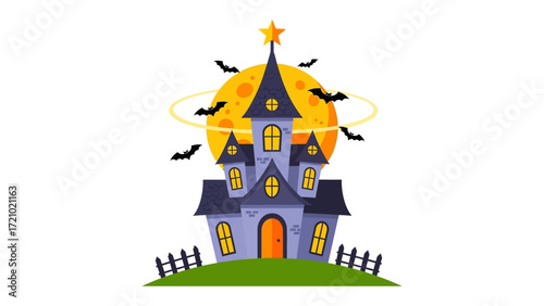 Haunted Mansion: Spooky Halloween scene with an eerie, cartoonish haunted mansion. A full moon in the background creates a spooky atmosphere. Bats, a star, and a fence completes the scene.