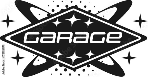 Car speed race garage retro Y2K icon or emblem. Speed racing vintage vector icon, motorsport competition Y2K symbol. Car race grand prix emblem with black rhombus, space galaxy stars and typography