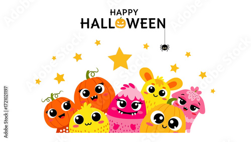 Spooky Halloween Crew: A delightful animated scene for Halloween, featuring playful monsters with charming expressions, stars, and pumpkin characters.