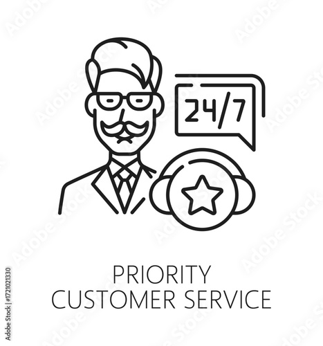 Member priority service exclusive benefit line icon or emblem. Exclusive benefit reward linear vector pictogram, customer service icon. VIP membership bonus sign with man customer or client character