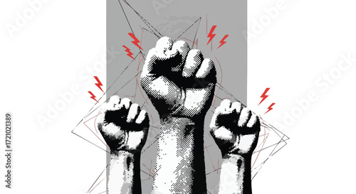 Three fists raised in protest, with red lightning bolts and geometric shapes in the background.