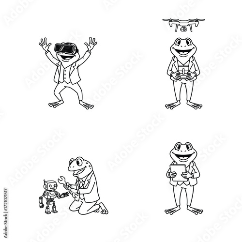 A technology and STEM icon set featuring a frog character. Black and white clipart for presentations on robotics VR and future tech.
