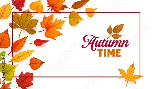 Autumn banner framed with thin line red border and orange, red, green and yellow fall leaves with Autumn Time phrase, vector typography. Cartoon maple, chestnut and linden trees leaves foliage banner