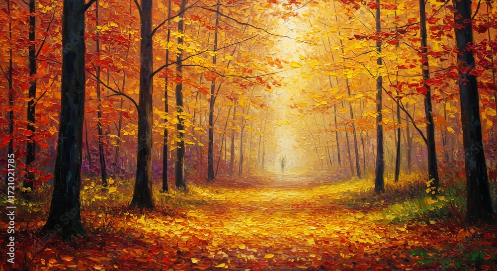 Fototapeta premium Stunning autumn forest trail with golden leaves and distant figure walking peacefully