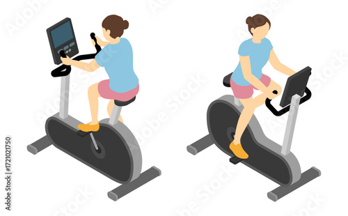 アイソメトリックイラスト：エアロバイクに乗る女性