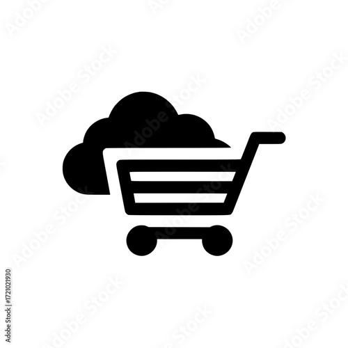 Shopping cart with small cloud icon representing cloud commerce and online retail transaction