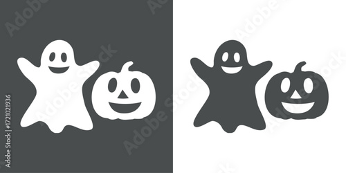 Logo con silueta de fantasma y calabaza alegre de Halloween para tarjetas y felicitaciones