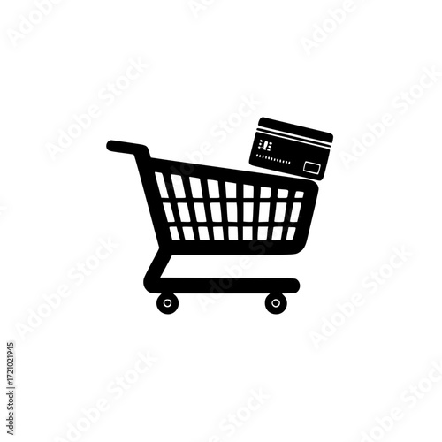 Retail vector with shopping cart and compact credit card for ecommerce and payment processing