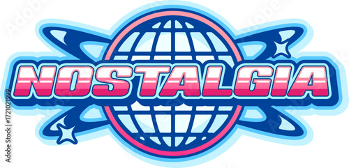 Nostalgia globe retro Y2K icon or badge. Global business globe wireframe Y2K vector emblem, Internet and web network Earth sphere mesh symbol. Geography planet icon element with retro typography word