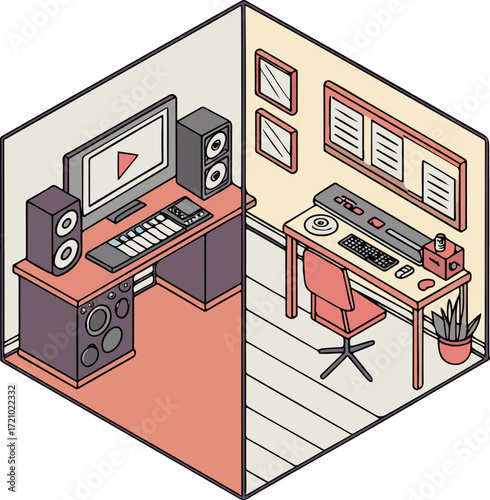 Isometric Music Studio Workspace with Computer and Speakers