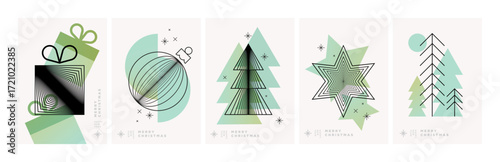 Merry Christmas and Happy New Year Greeting Cards. Vector illustrations for background, greeting card, party invitation card, website banner, social media banner, marketing material.