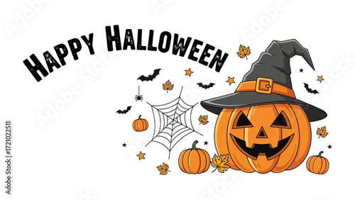 Happy Halloween: This festive illustration radiates spooky seasonal delight with a jovial pumpkin, spider webs, and autumn accents.