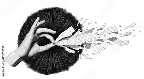 Dynamic hand tears apart a grid paper explosion symbolizing abstract thought, creativity, and innovative breakthroughs in a stark monochrome style.
