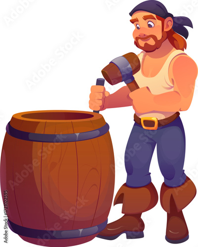 Cooper pirate ship crew character, cartoon cheerful corsair pops out of a wooden barrel, holding a mallet and tap. Vector barrel maker personage working hard, wearing a singlet and sailor bandana