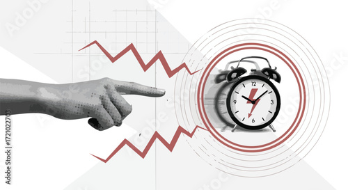 Urgent deadline approaching as hand points to ticking alarm clock with falling graph, symbolizing business pressure and time management challenges.