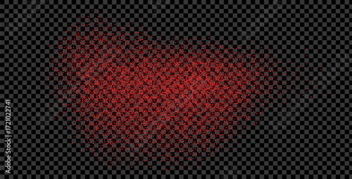 Noise gradation red pepper fly spot shape. Grainy texture paprika splash splodges element. Spray dotwork form. Vector gritty wavy splash. Grunge food figure.