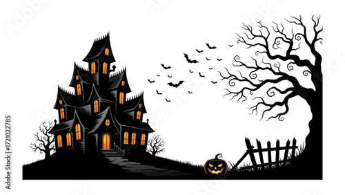 Spooky Mansion: A detailed illustration showcases a creepy mansion silhouetted against a dusky sky, with bats flitting about and a jack-o'-lantern grinning wickedly, evoking the thrills of Halloween.