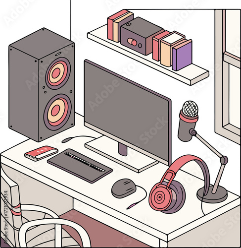 Isometric Home Studio with Computer, Microphone, Headphones, and Bookshelf