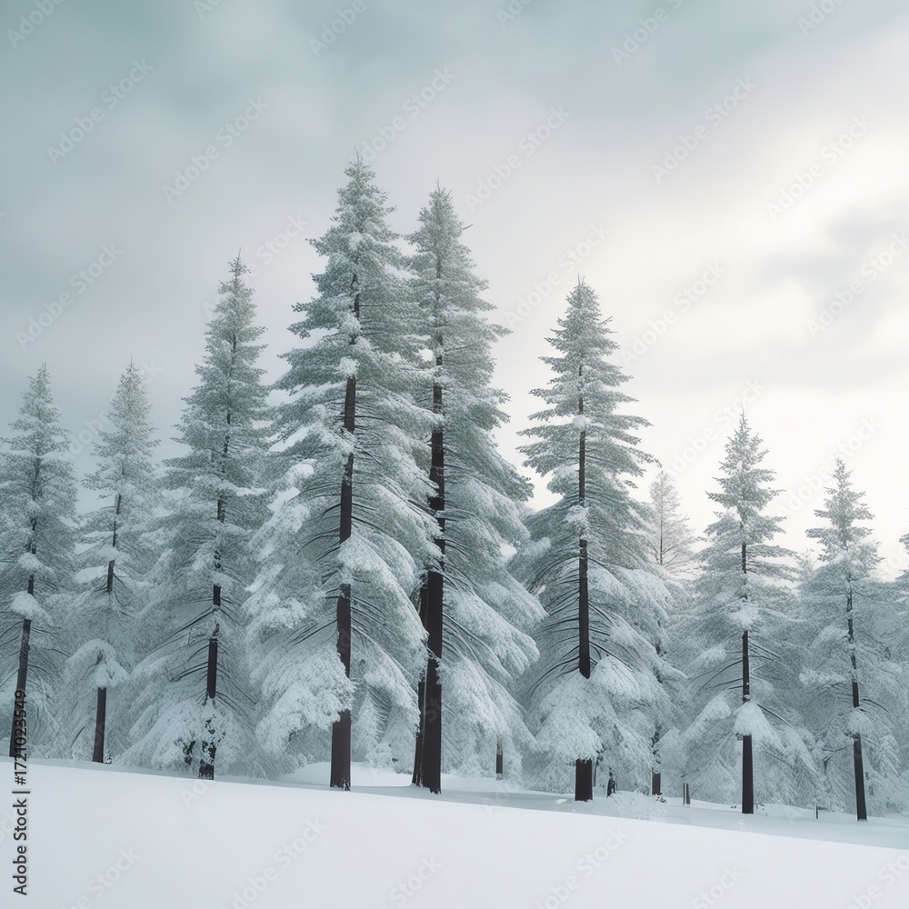 Fototapeta premium Serene Winter Landscape of Snow-Covered Pine Trees Under a Soft Cloudy Sky – High-Resolution Nature Wallpaper of Peace, Quiet, and Seasonal Beauty