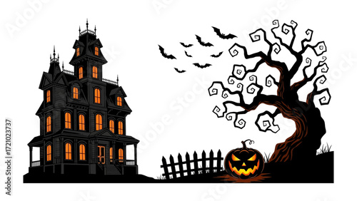 Spooky Halloween House Scene: A spooky haunted house with glowing windows stands beside a gnarled tree and a carved pumpkin with bats flying above, evoking a sense of fright.
