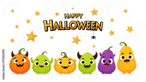 Happy Halloween Greeting: A charming Halloween greeting showcases adorable, cartoonish pumpkins and stars, creating a cheerful ambiance.