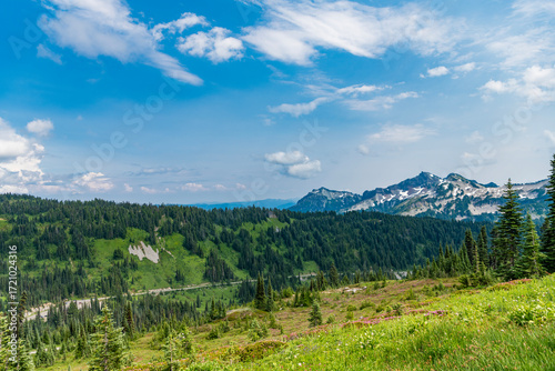 Valley landscape with cloudy sky. Scenic green hill mountain. Travel destination. Breathtaking summer in wild mountain with forest and green slopes. Mountain landscape with wide meadow