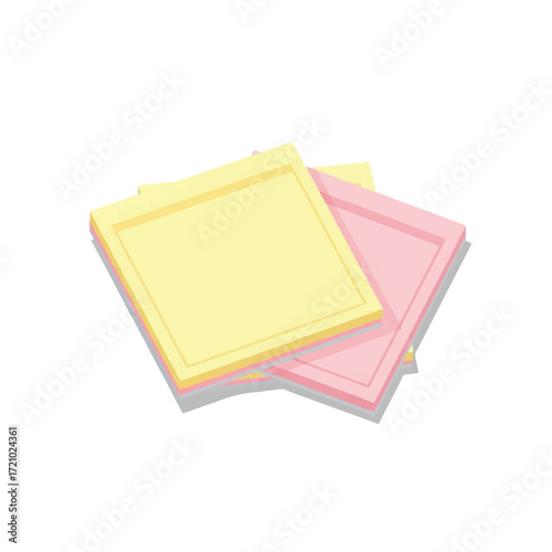Stack of blank yellow and pink sticky notes on a white background with soft shadows.