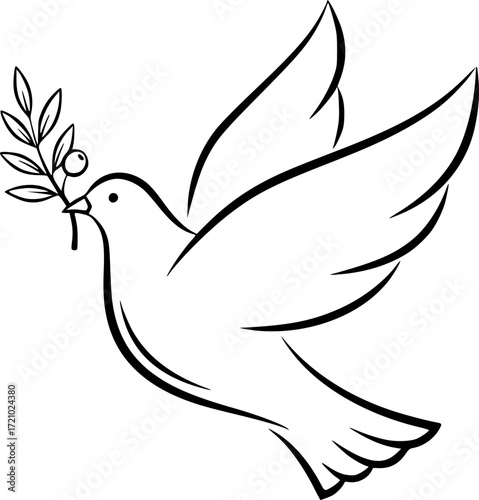 a simple line drawing of a dove with an olive branch in its beak, minimalism, black and white, clean lines, vector graphic