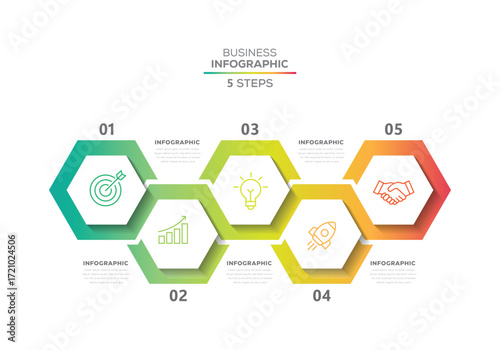 Modern infographic template design with 5 steps. Business hexagon template with options for diagram, workflow, timeline, web design.