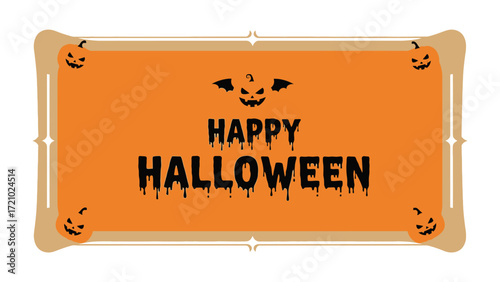 Halloween Greeting Card: A festive Halloween card featuring an orange background, adorned with grinning pumpkins and the greeting Happy Halloween in a spooky, drippy font.