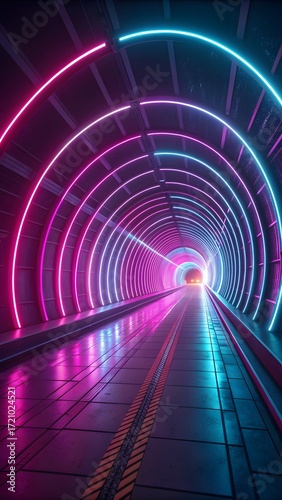 Futuristic Neon Tunnel With Glowing Pink And Blue Lights Cyberpunk Sci Fi Corridor Digital Abstract Background